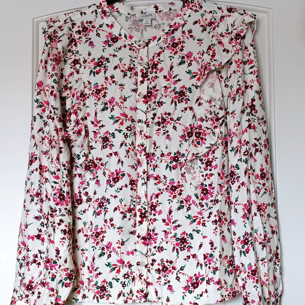 J. Crew Plus Size 3X Floral Printed Button-Down Ruffle Blouse